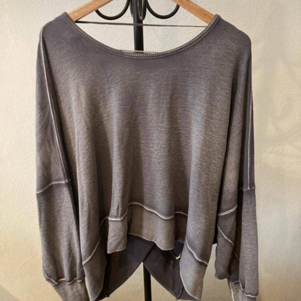 Free People Washed Gray Boxy Pullover Sweatshirt with Open Back